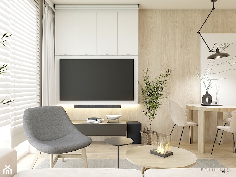 Projekt mieszkania - Warszawa - Mały beżowy salon z jadalnią, styl nowoczesny - zdjęcie od Polilinia Design