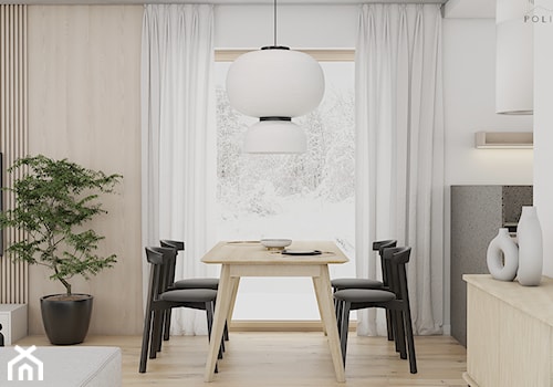 Naturalna strefa dzienna - Średnia beżowa biała jadalnia w salonie w kuchni, styl minimalistyczny - zdjęcie od Polilinia Design