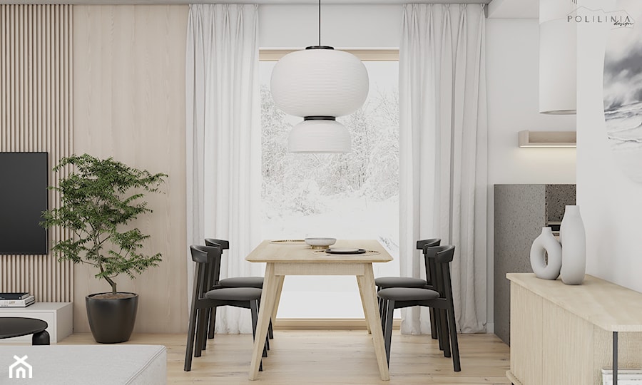 Naturalna strefa dzienna - Średnia beżowa biała jadalnia w salonie w kuchni, styl minimalistyczny - zdjęcie od Polilinia Design