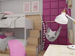 Pokój dziecięcy fuksja - Średni różowy szary z panelami tapicerowanymi pokój dziecka dla dziecka dla dziewczynki dla rodzeństwa, styl nowoczesny - zdjęcie od Polilinia Design