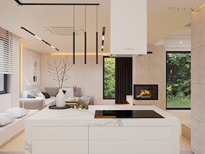 Część dzienna - dom Ruda Śląśka #5 - Średnia otwarta z salonem beżowa biała z zabudowaną lodówką kuchnia jednorzędowa z wyspą lub półwyspem z oknem, styl nowoczesny - zdjęcie od Polilinia Design