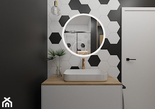 Czarno-biała łazienka z heksagonami - Mała bez okna z lustrem łazienka, styl nowoczesny - zdjęcie od Polilinia Design