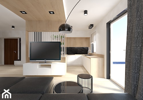Mieszkanie z czarnymi dodatkami - Mały biały salon z kuchnią, styl nowoczesny - zdjęcie od Studio Skala Marta Michalkiewicz Gulczyńska