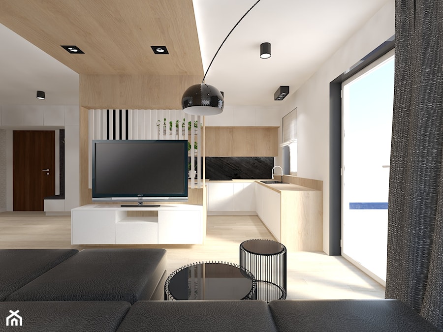 Mieszkanie z czarnymi dodatkami - Mały biały salon z kuchnią, styl nowoczesny - zdjęcie od Studio Skala Marta Michalkiewicz Gulczyńska