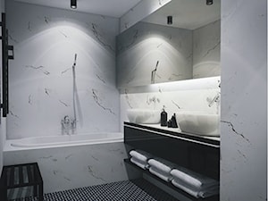 Wilanów - Mała na poddaszu bez okna z lustrem z dwoma umywalkami z punktowym oświetleniem łazienka, styl nowoczesny - zdjęcie od KLEMART