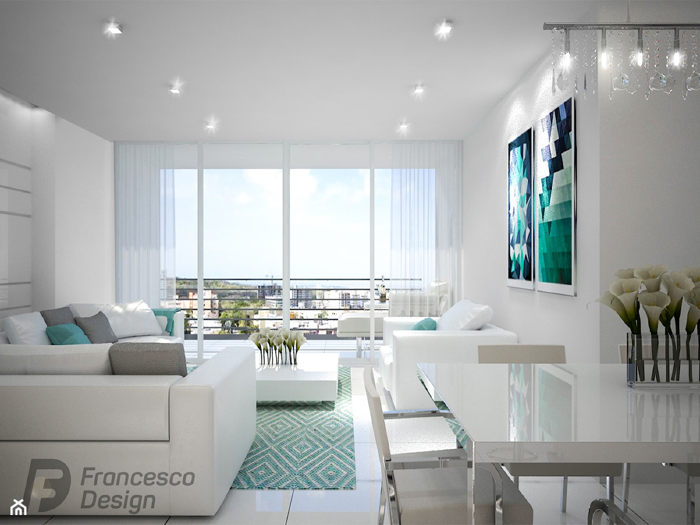 Apartament w stylu nowoczesnym - Średni szary salon z jadalnią z tarasem / balkonem, styl nowoczesny - zdjęcie od FRANCESCO DESIGN - Homebook