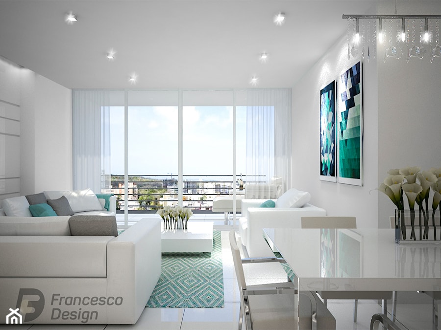 Apartament w stylu nowoczesnym - Średni szary salon z jadalnią z tarasem / balkonem, styl nowoczesny - zdjęcie od FRANCESCO DESIGN