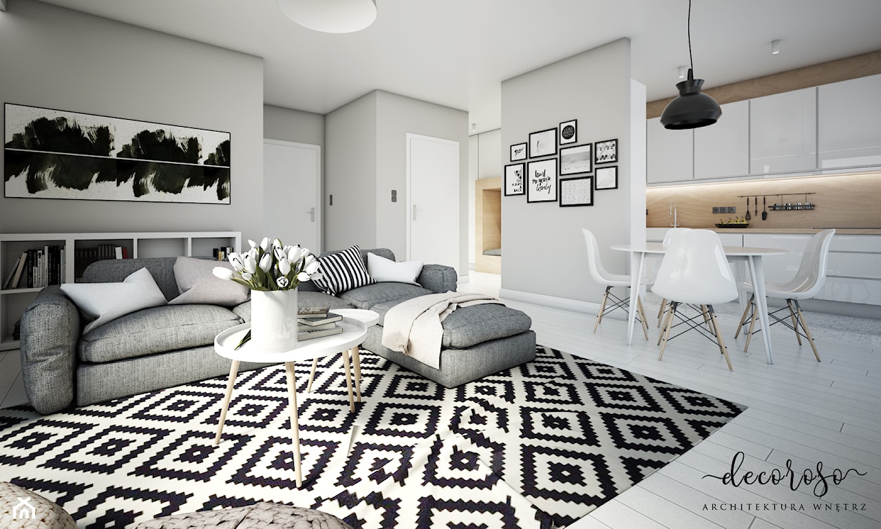 salon w stylu skandynawskim, czarno-biały dywan w stylu marokańskim