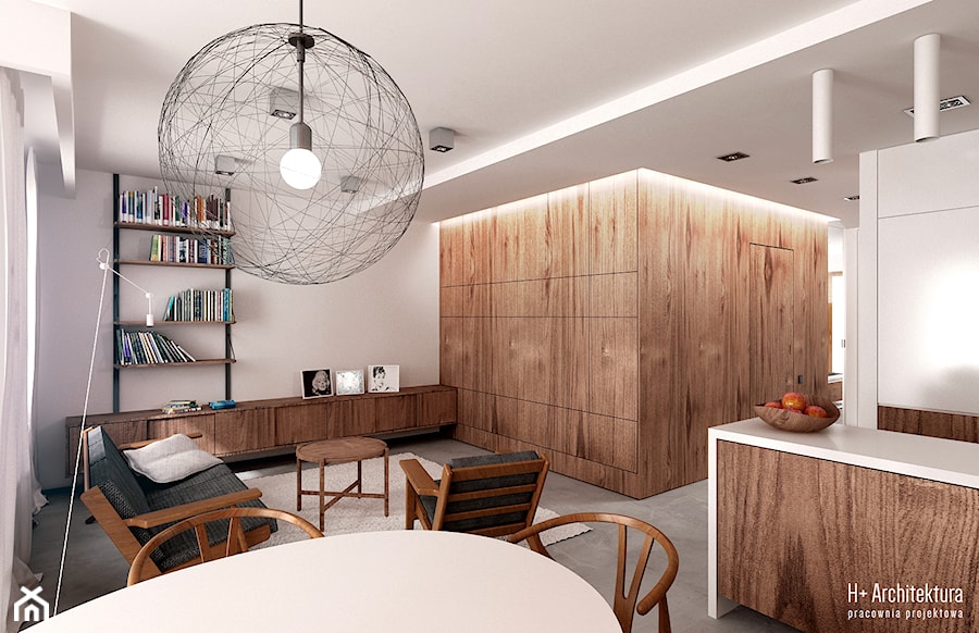 Potokowa | Wrocław - Mały szary salon z kuchnią z jadalnią, styl nowoczesny - zdjęcie od H+ Architektura