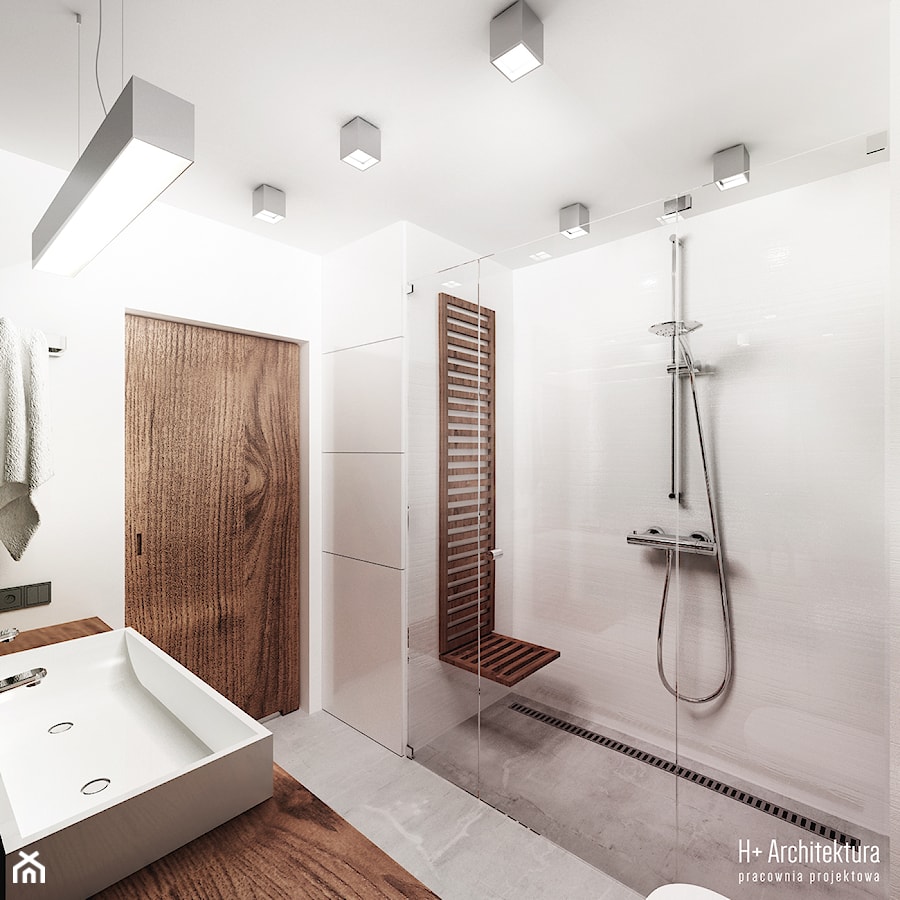 Potokowa | Wrocław - Średnia bez okna z dwoma umywalkami z marmurową podłogą z punktowym oświetleniem łazienka, styl nowoczesny - zdjęcie od H+ Architektura