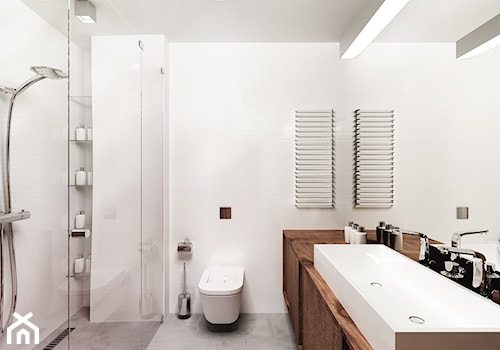 Potokowa | Wrocław - Średnia bez okna z dwoma umywalkami z marmurową podłogą z punktowym oświetleniem łazienka, styl nowoczesny - zdjęcie od H+ Architektura
