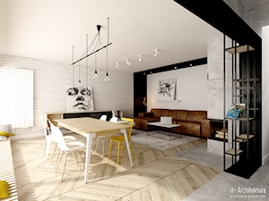 Krajewskiego | Lublin - Duża biała czarna jadalnia w salonie, styl industrialny - zdjęcie od H+ Architektura