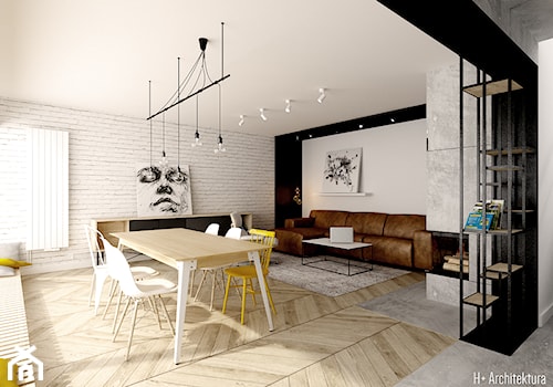 Krajewskiego | Lublin - Duża biała czarna jadalnia w salonie, styl industrialny - zdjęcie od H+ Architektura