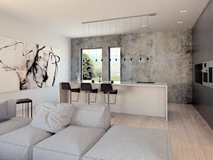 minimalism house - Duża otwarta z salonem szara z zabudowaną lodówką z podblatowym zlewozmywakiem kuchnia jednorzędowa z wyspą lub półwyspem, styl minimalistyczny - zdjęcie od KIECZ.studio projektowe