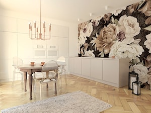 Flower Power - Duża z salonem biała czarna z zabudowaną lodówką z podblatowym zlewozmywakiem kuchnia w kształcie litery l, styl skandynawski - zdjęcie od KIECZ.studio projektowe