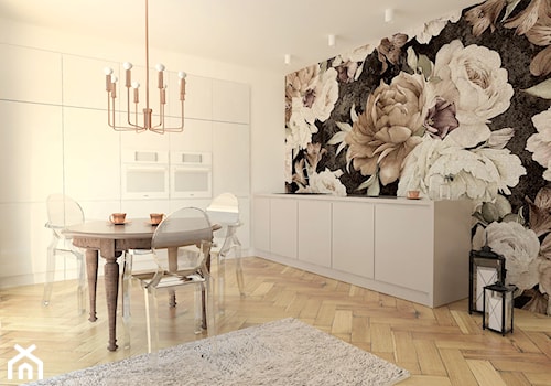 Flower Power - Duża z salonem biała czarna z zabudowaną lodówką z podblatowym zlewozmywakiem kuchnia w kształcie litery l, styl skandynawski - zdjęcie od KIECZ.studio projektowe