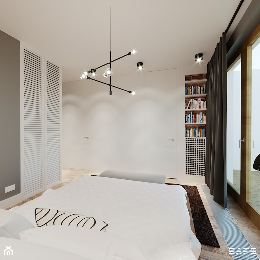SAFS - Apartament Żoliborz - Średnia biała szara sypialnia z balkonem / tarasem, styl nowoczesny - zdjęcie od SAFS | Sustainable Architecture