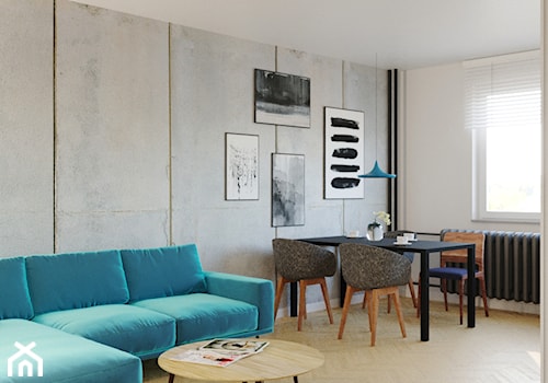 Aranżacja mieszkania w bloku z Wielkiej Płyty - Mały biały szary salon z jadalnią, styl industrialny - zdjęcie od SAFS | Sustainable Architecture