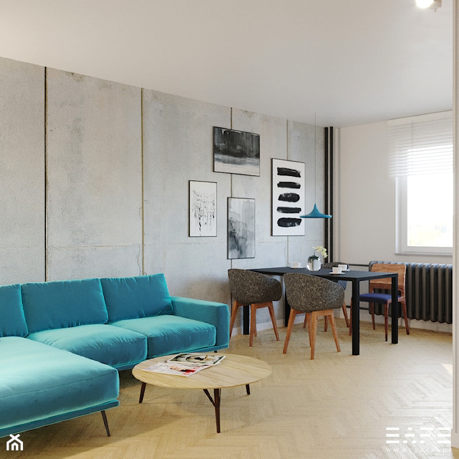 Aranżacja mieszkania w bloku z Wielkiej Płyty - Mały biały szary salon z jadalnią, styl industrialny - zdjęcie od SAFS | Sustainable Architecture