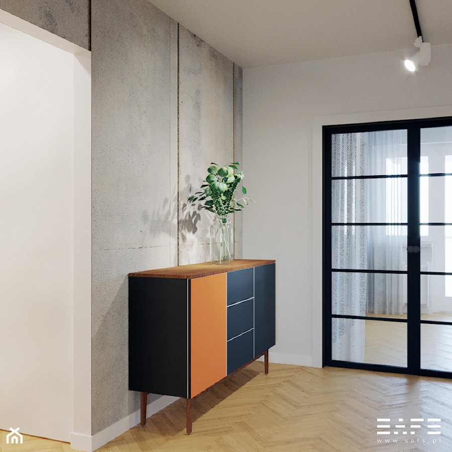 Aranżacja mieszkania w bloku z Wielkiej Płyty - Mały biały szary hol / przedpokój, styl industrialny - zdjęcie od SAFS | Sustainable Architecture