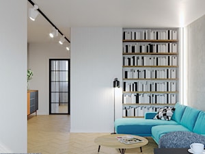 Aranżacja mieszkania w bloku z Wielkiej Płyty - Średni biały salon z jadalnią z bibiloteczką, styl industrialny - zdjęcie od SAFS | Sustainable Architecture