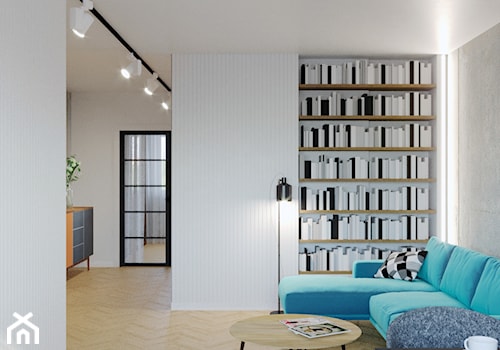 Aranżacja mieszkania w bloku z Wielkiej Płyty - Średni biały salon z jadalnią z bibiloteczką, styl ... - zdjęcie od SAFS | Sustainable Architecture