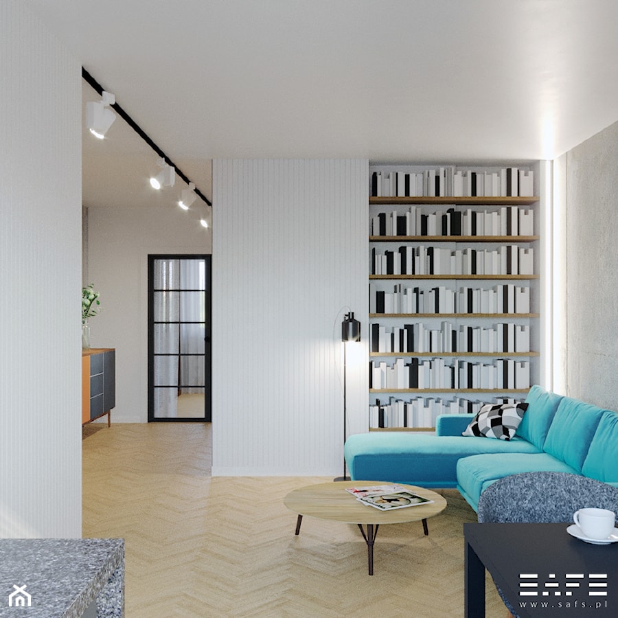 Aranżacja mieszkania w bloku z Wielkiej Płyty - Średni biały salon z jadalnią z bibiloteczką, styl industrialny - zdjęcie od SAFS | Sustainable Architecture