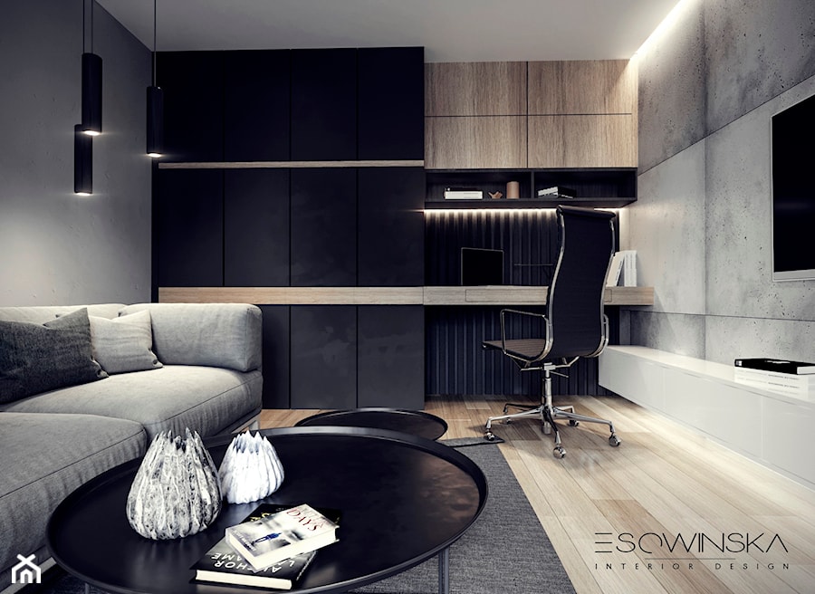 DOM JEDNORODZINNY TARNÓW 250 m2 - Średnie w osobnym pomieszczeniu z sofą z zabudowanym biurkiem czarne szare biuro, styl nowoczesny - zdjęcie od EDYTA SOWIŃSKA INTERIOR DESIGN