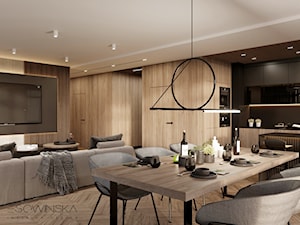 APARTAMENT 100M2 WARSZAWA - Średnia brązowa jadalnia w salonie w kuchni, styl nowoczesny - zdjęcie od EDYTA SOWIŃSKA INTERIOR DESIGN