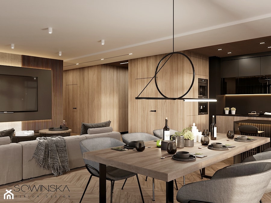 APARTAMENT 100M2 WARSZAWA - Średnia brązowa jadalnia w salonie w kuchni, styl nowoczesny - zdjęcie od EDYTA SOWIŃSKA INTERIOR DESIGN