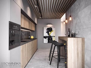 APARTAMENT JAWORZNO 70 M2 - Średnia otwarta z kamiennym blatem szara z zabudowaną lodówką z podblatowym zlewozmywakiem kuchnia jednorzędowa, styl nowoczesny - zdjęcie od EDYTA SOWIŃSKA INTERIOR DESIGN