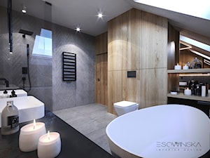 DOM JEDNORODZINNY TARNÓW 250 m2 - Duża na poddaszu z lustrem z dwoma umywalkami z punktowym oświetleniem łazienka z oknem, styl nowoczesny - zdjęcie od EDYTA SOWIŃSKA INTERIOR DESIGN