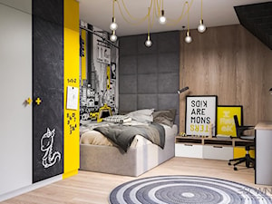 POKÓJ CHŁOPCA 15M2 CZELADZ - Duży biały brązowy szary żółty z panelami tapicerowanymi pokój dziecka dla nastolatka dla chłopca, styl nowoczesny - zdjęcie od EDYTA SOWIŃSKA INTERIOR DESIGN