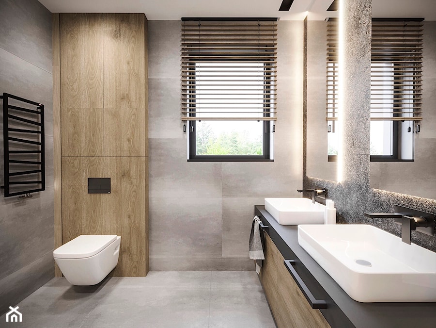 DOM JEDNORODZINNY JASTRZĘBIE ZDRÓJ 250M2 - Średnia z lustrem z dwoma umywalkami łazienka z oknem, styl nowoczesny - zdjęcie od EDYTA SOWIŃSKA INTERIOR DESIGN