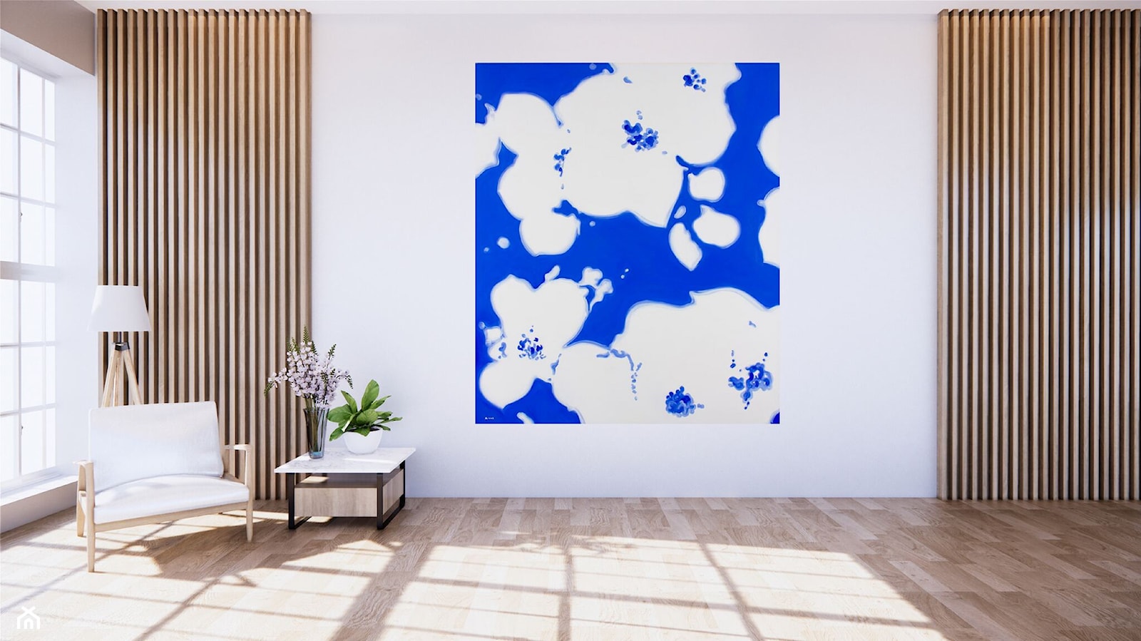 Salon z obrazem: ANDRZEJ ROSZCZAK - AROS, BLUE JASMIN, 2023 - zdjęcie od Art in House Dom Aukcyjny i Galeria Sztuki - Homebook