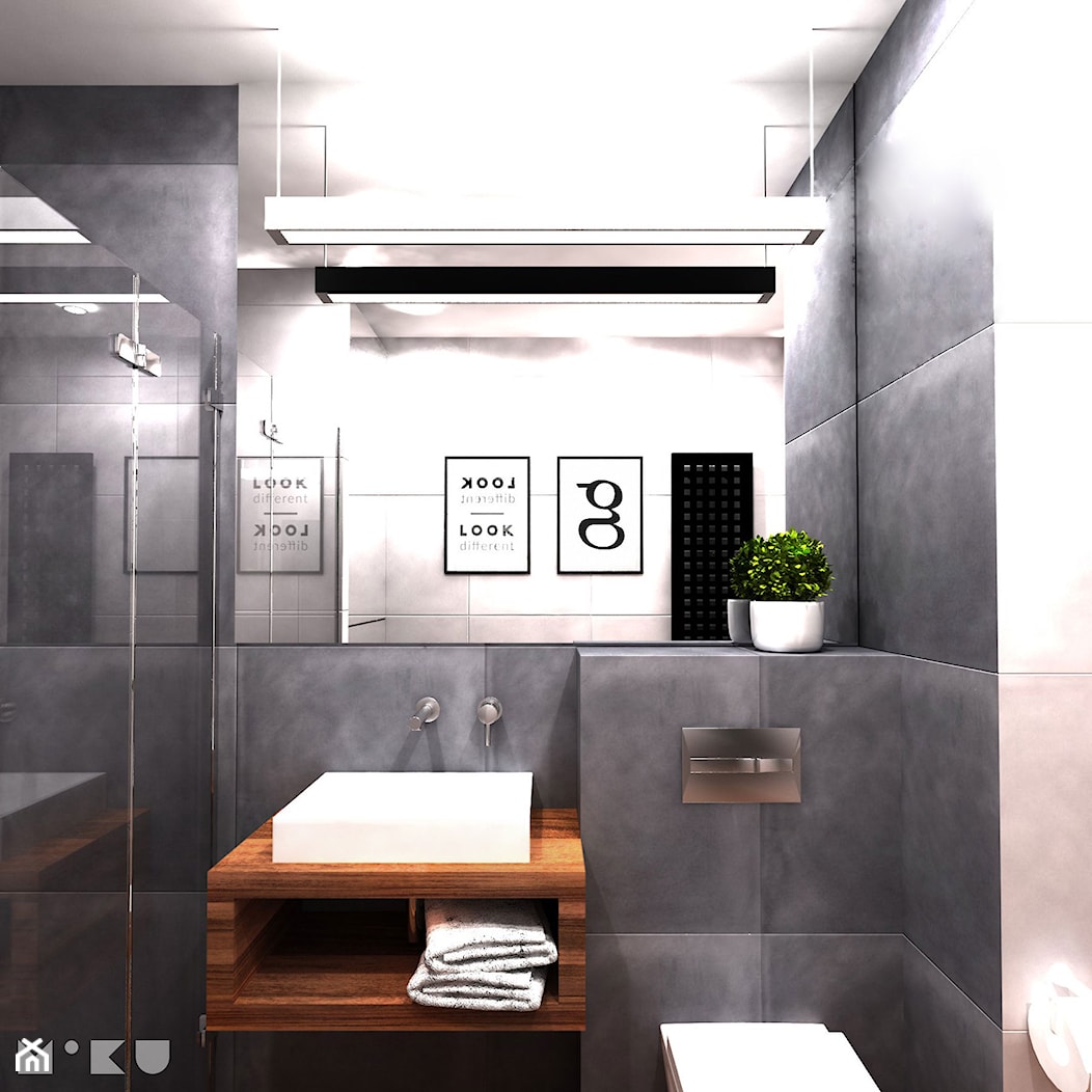 Minimalistyczna męska łazienka - szarości i merbau - zdjęcie od MIKU grafika & wnętrza - Homebook