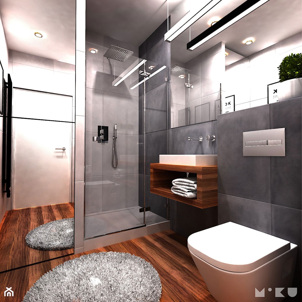 Minimalistyczna męska łazienka - szarości i merbau - zdjęcie od MIKU grafika & wnętrza - Homebook