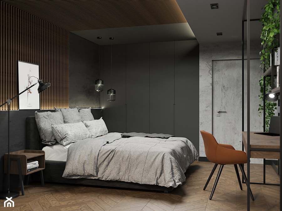 Industrialna sypialnia z drewnem - zdjęcie od Projekty Wnętrz KOZAK