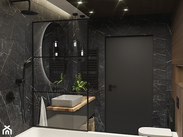 Ciemna łazienka drewno i czarny marmur