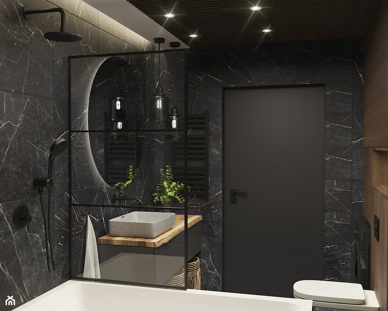 Ciemna łazienka - czarny marmur i drewno - zdjęcie od Projekty Wnętrz KOZAK - Homebook