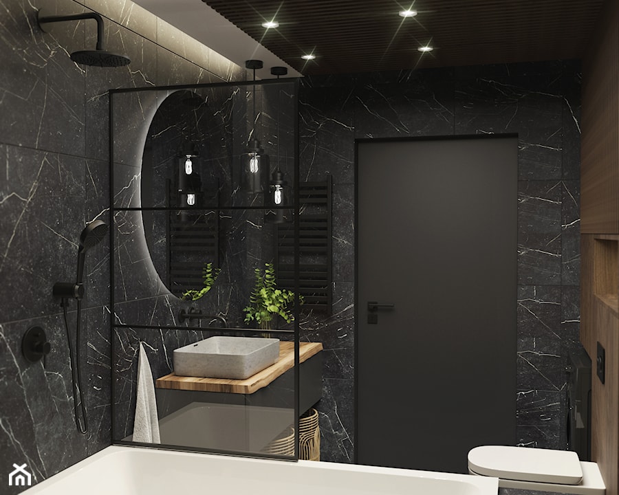 Ciemna łazienka - czarny marmur i drewno - zdjęcie od Projekty Wnętrz KOZAK