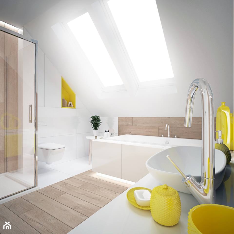 Łazienka na poddaszu z żółtymi dodatkami - zdjęcie od Projekty Wnętrz KOZAK - Homebook