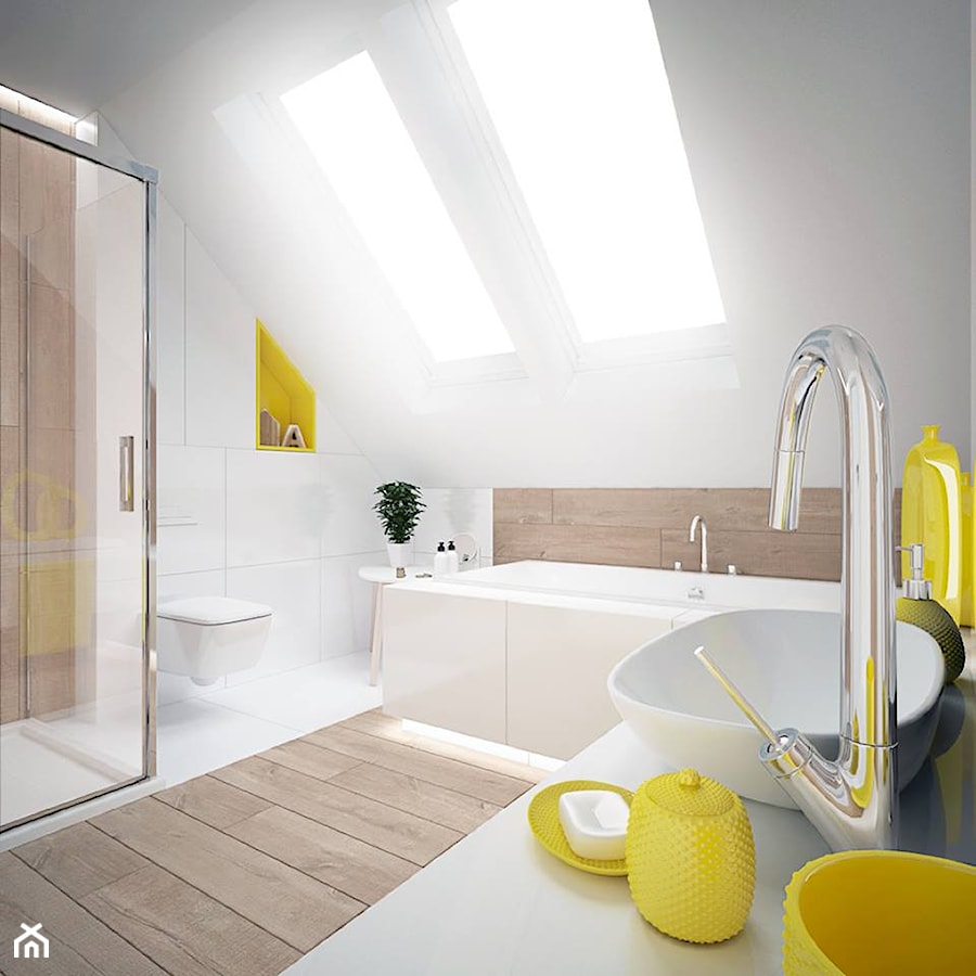 Łazienka na poddaszu z żółtymi dodatkami - zdjęcie od Projekty Wnętrz KOZAK