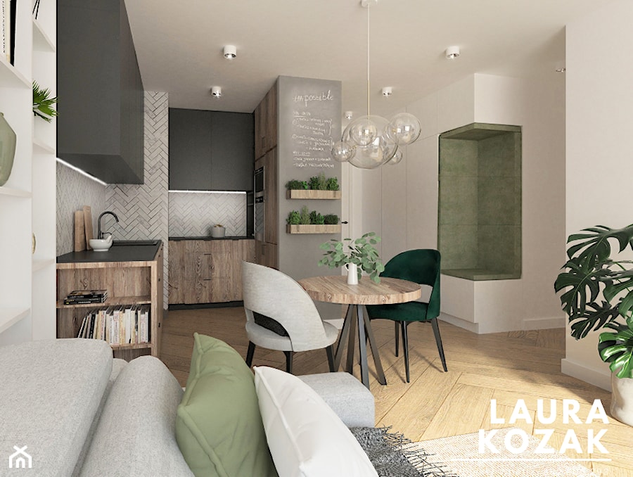 Kawalerka z zielonymi elementami - Średni biały szary salon z kuchnią z jadalnią, styl nowoczesny - zdjęcie od Projekty Wnętrz KOZAK