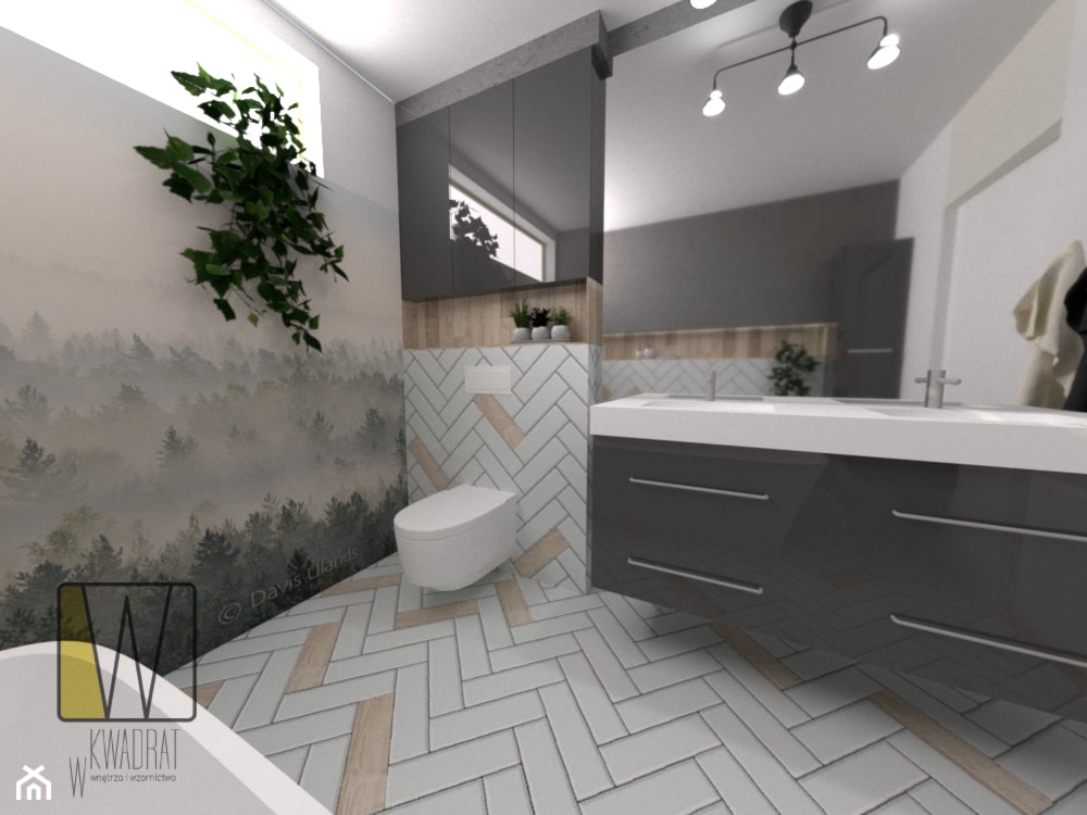 Łazienka małżeńska - Średnia na poddaszu z dwoma umywalkami łazienka z oknem, styl nowoczesny - zdjęcie od W Kwadrat - Homebook