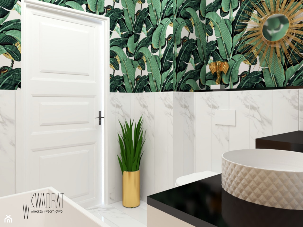 Łazienka w bananowcach - Mała bez okna z marmurową podłogą łazienka, styl nowoczesny - zdjęcie od W Kwadrat - Homebook