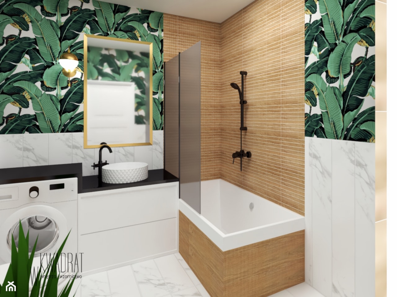 Łazienka w bananowcach - Średnia bez okna z pralką / suszarką z lustrem z marmurową podłogą łazienka, styl nowoczesny - zdjęcie od W Kwadrat - Homebook