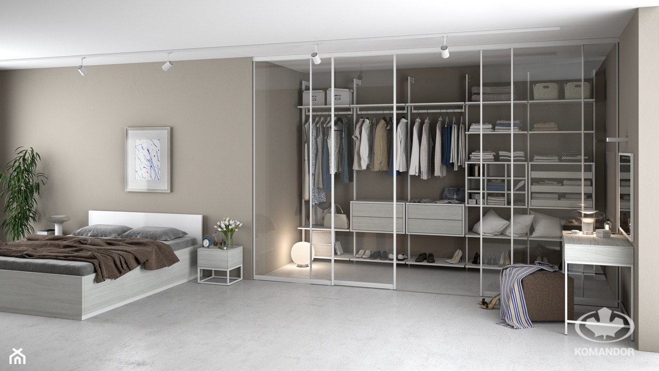 Sypialnia KOMANDOR - Duża szara sypialnia z garderobą, styl minimalistyczny - zdjęcie od Komandor - Wnętrza z Charakterem - Homebook