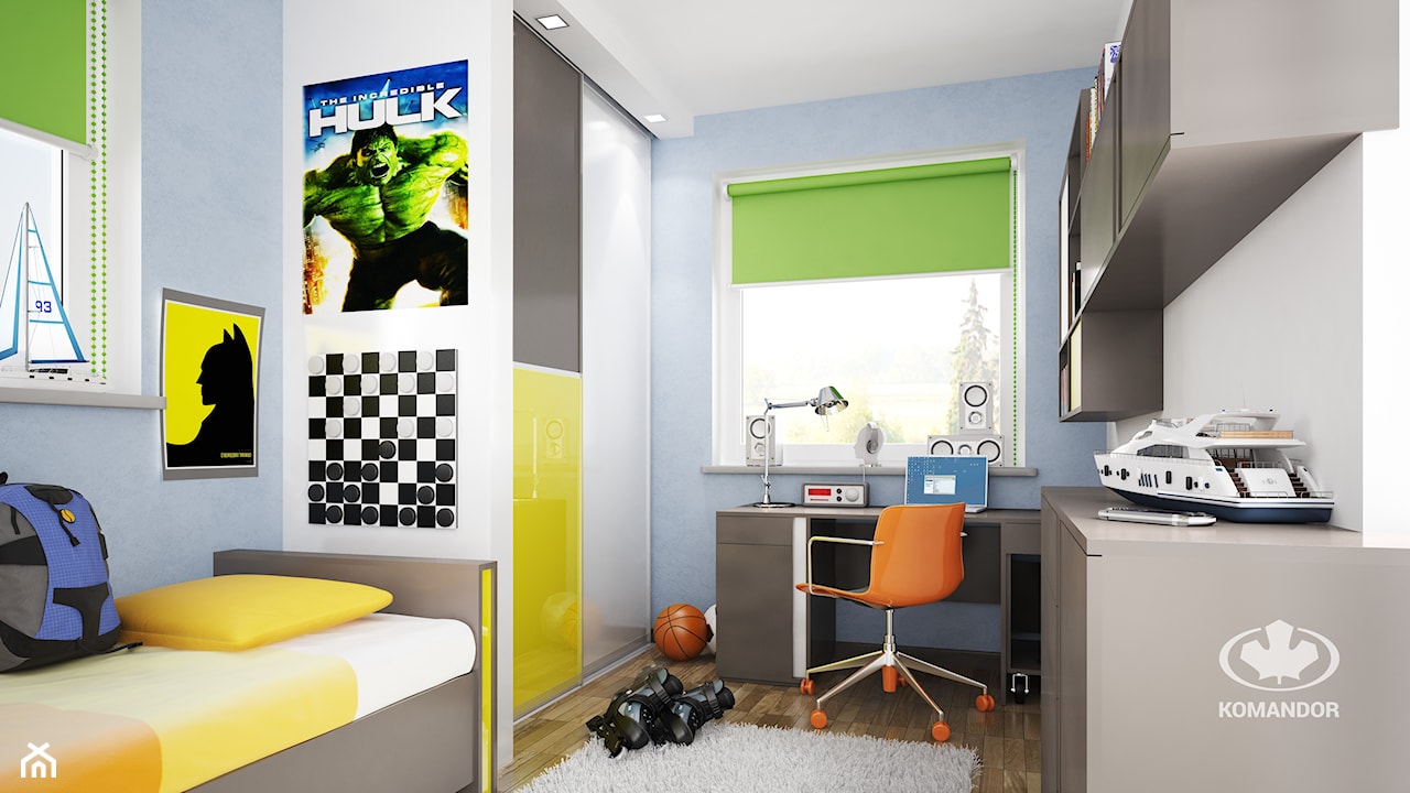 pokój dziecka w stylu nowoczesnym, zielone rolety, kolorowa szafa przesuwna, szare półki