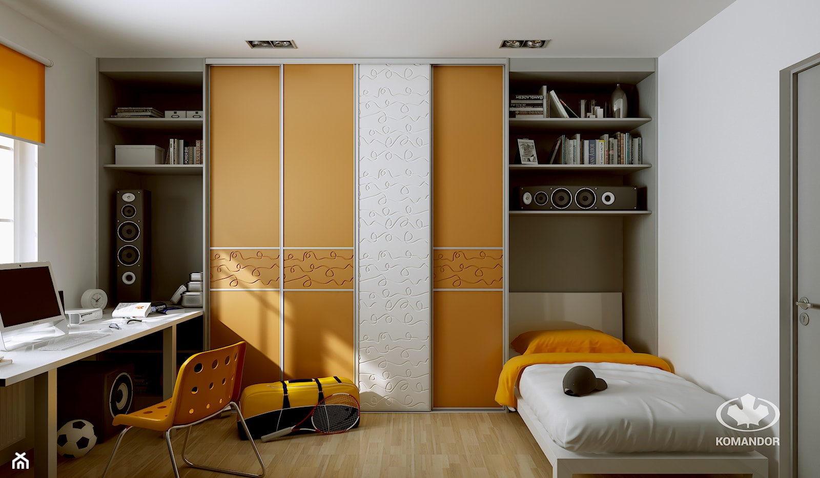 Komandor – pokój młodzieżowy z szafą, biurkiem, półkami i łóżkiem - zdjęcie od Komandor - Wnętrza z Charakterem - Homebook